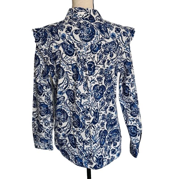 Charter Club X-Small Top Floral Long Sleeve Button-Up Ruffled Collar Blue White - Picture 5 of 9
